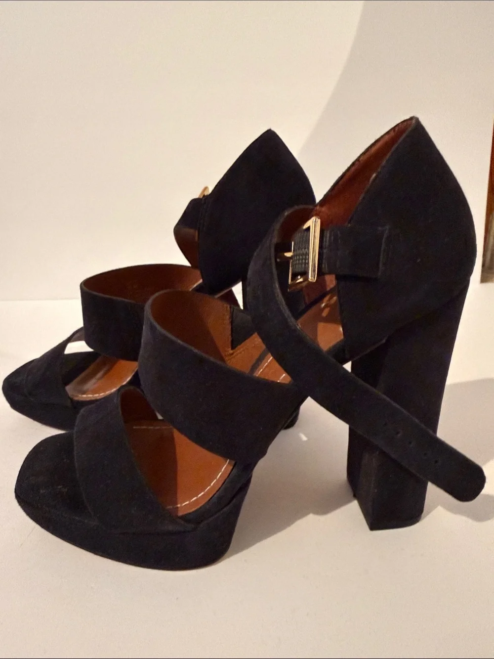 Elizabeth and James Black Suede Platform Block Heel Sandals
